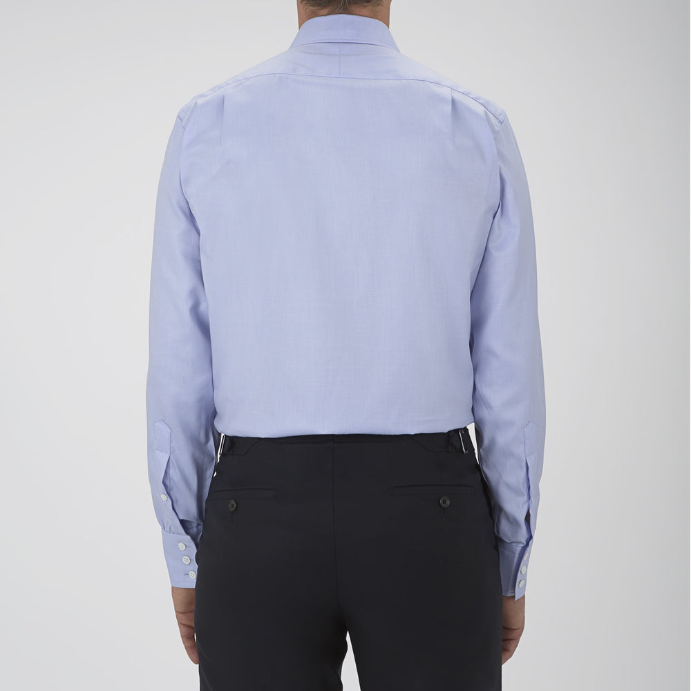 The Turnbull & Asser Blue Sea Island Quality Cotton Twill Shirt features a T&A collar, chest pocket, white buttons, and 3-button cuffs, all showcased on a plain white background.