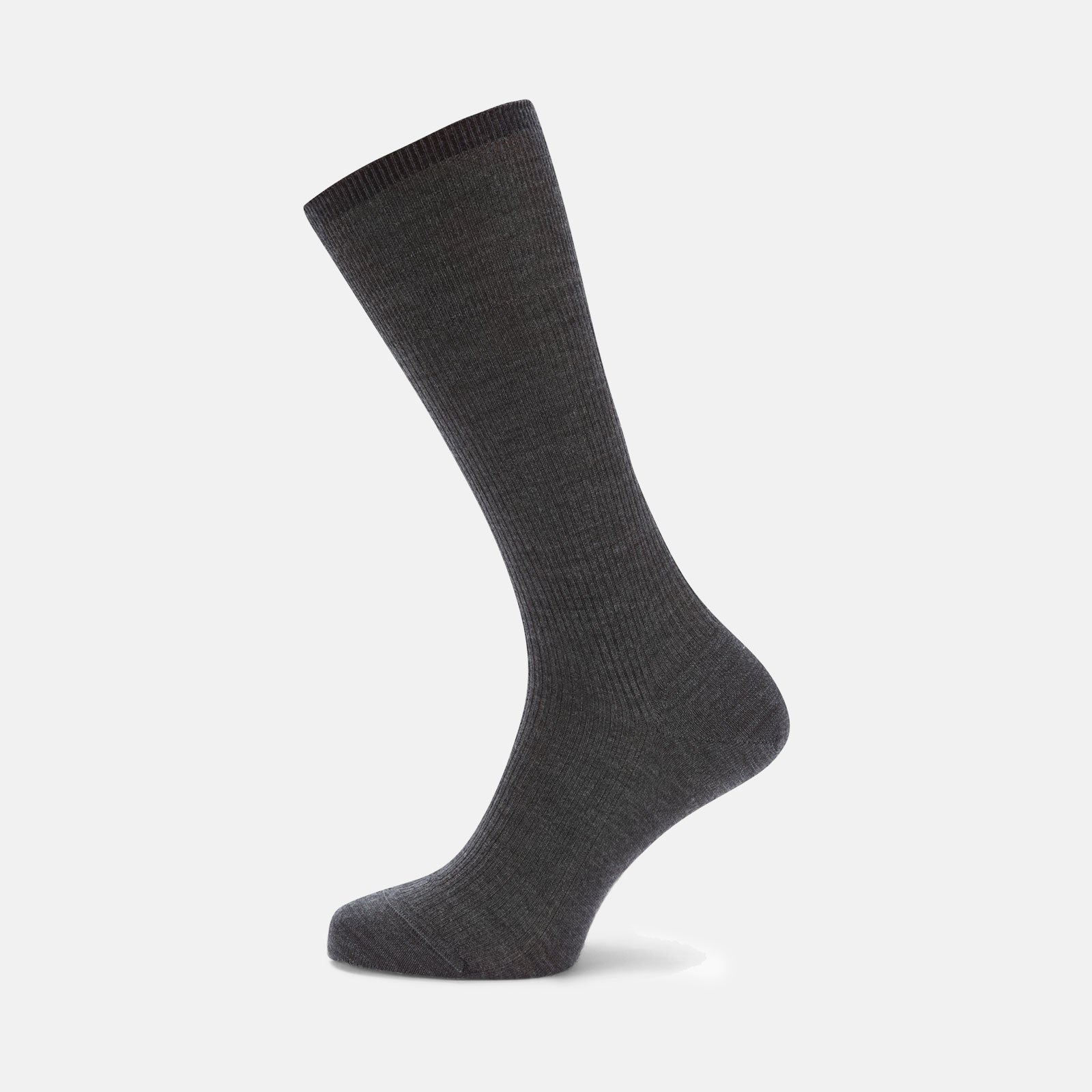View 1 of product The Turnbull & Asser Dark Grey Mid-Length Merino Wool Sock, ideal as a men’s dress sock, is showcased upright against a plain light gray background.