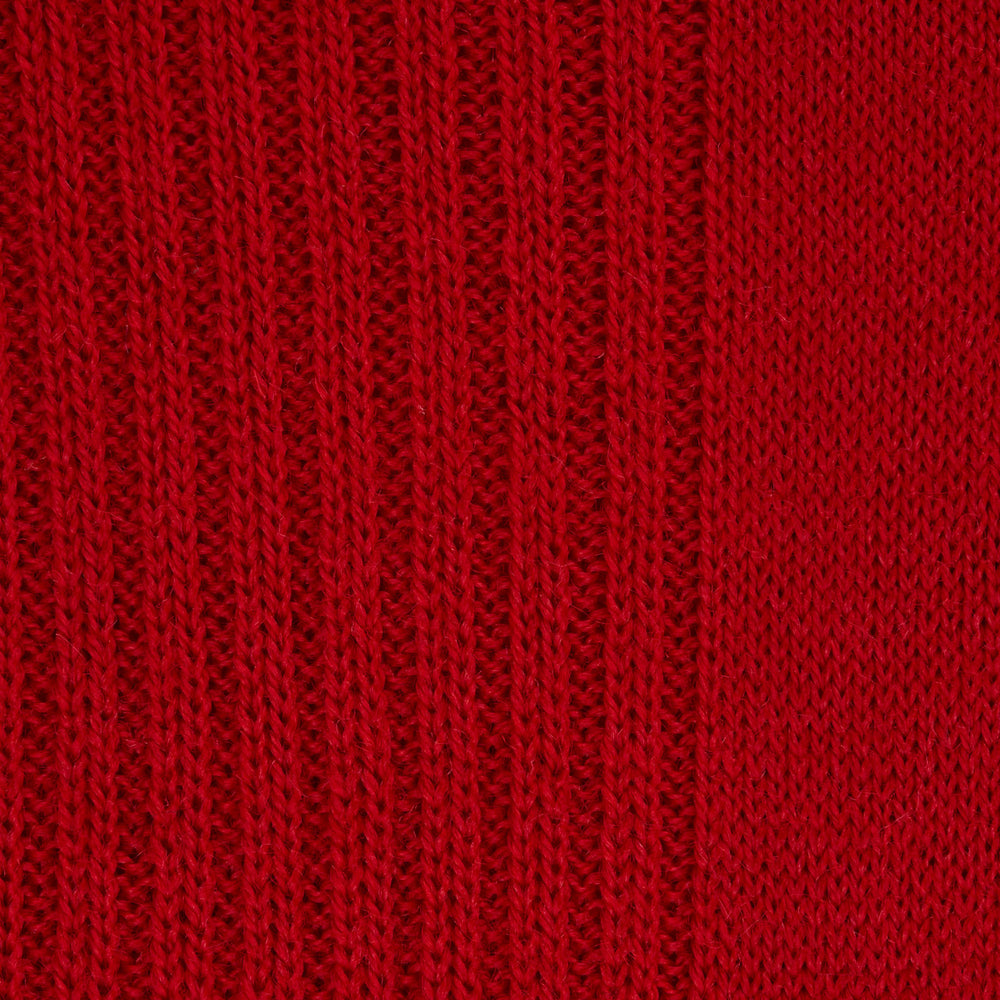 A single Red Mid-Length Merino Wool Sock from Turnbull & Asser, featuring a ribbed design, is displayed upright on a plain light gray background.