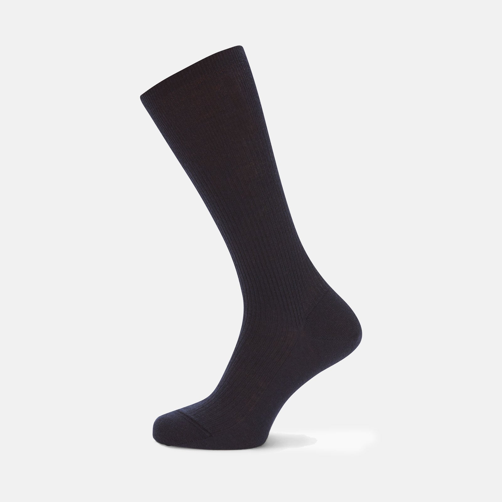 View 1 of product A single Deep Navy Mid-Length Merino Wool Sock from Turnbull & Asser stands upright on a white background, showcasing the comfort and timeless style characteristic of luxury men's socks.