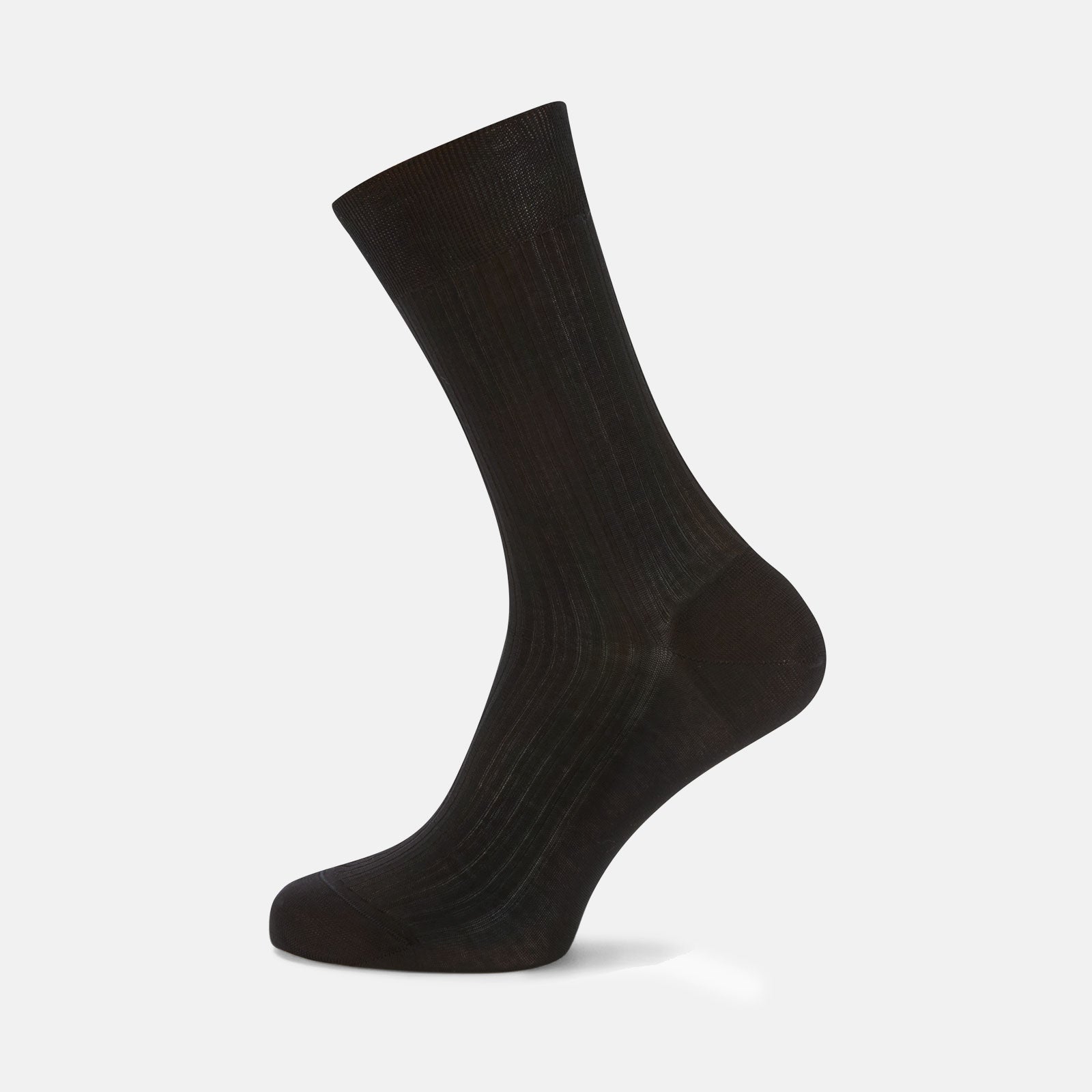 View 1 of product A single Black Short Cotton Sock from Turnbull & Asser is displayed upright on a light gray background, showcasing its side profile and subtle ribbed texture.