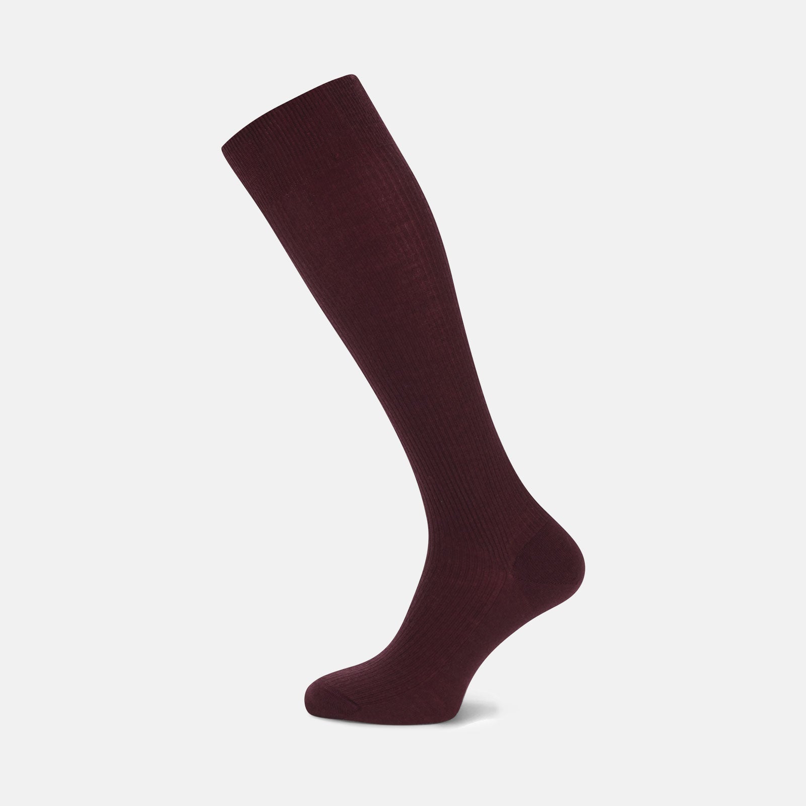 View 1 of product A single Turnbull & Asser Maroon Long Merino Wool Sock, knee-high and ribbed, is displayed upright against a plain white background.
