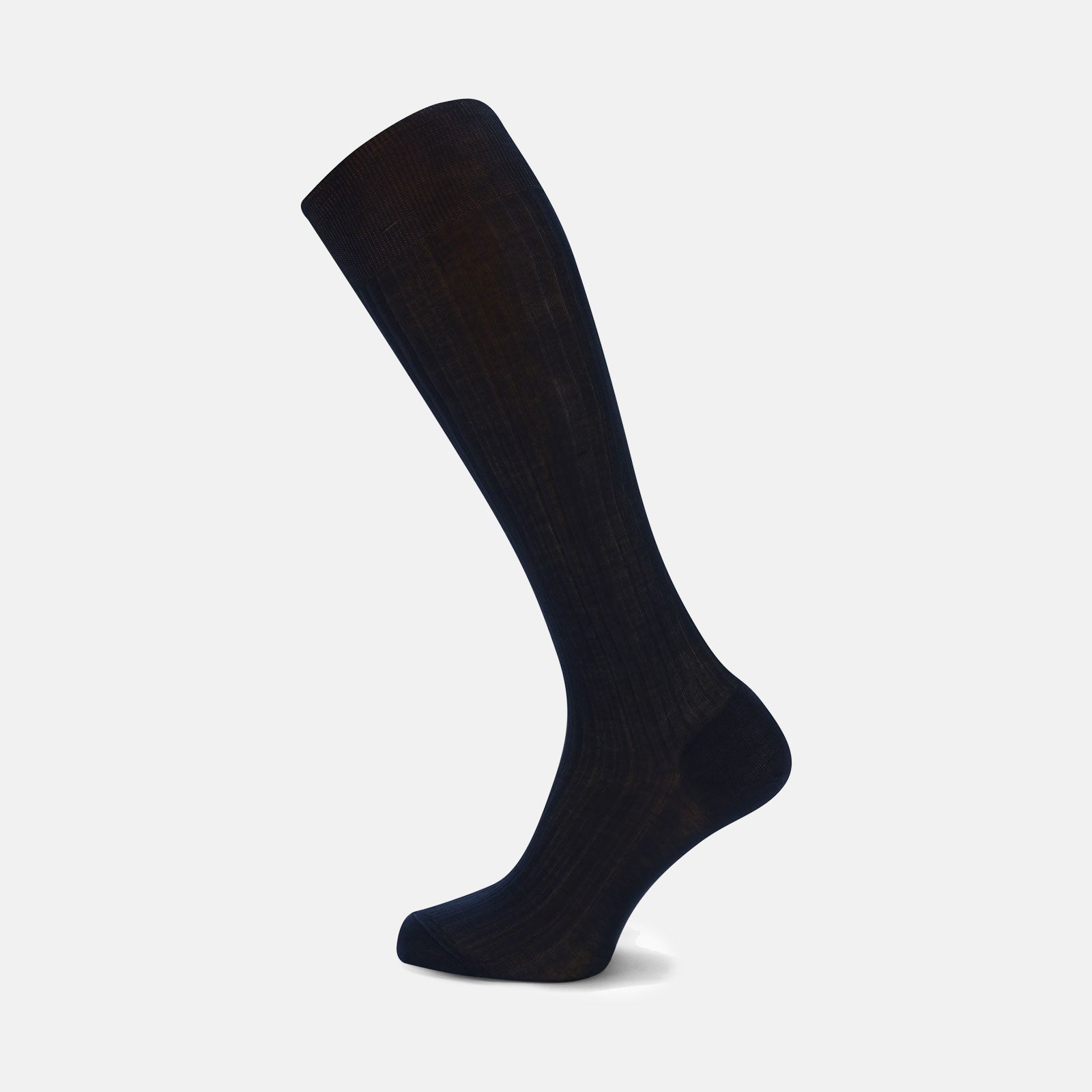 View 1 of product A single navy long cotton sock by Turnbull & Asser stands upright on a white background, showcasing its ribbed texture and fitted shape.