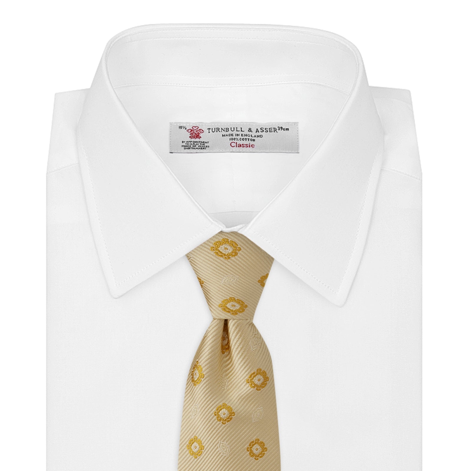 View 2 of product The Turnbull & Asser Soft Yellow Floral Jacquard Stripe Silk Tie features a rolled-up beige design with subtle texture and small yellow floral patterns evenly spaced throughout.
