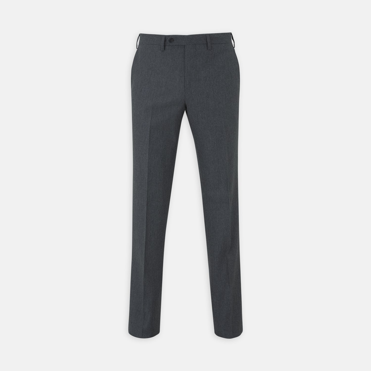 View 3 of product The Turnbull & Asser Charcoal Flannel Trousers feature a tailored fit, button and zipper closure, front pockets, and belt loops, crafted from fine Italian wool flannel and displayed flat on a white background.