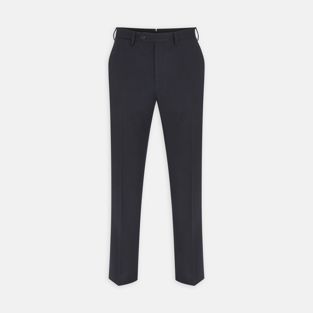 The Turnbull & Asser Jackson Navy Wool Trousers are tailored formal trousers in dark navy, featuring a button and zip closure, front pockets, and belt loops, shown against a plain white background.
