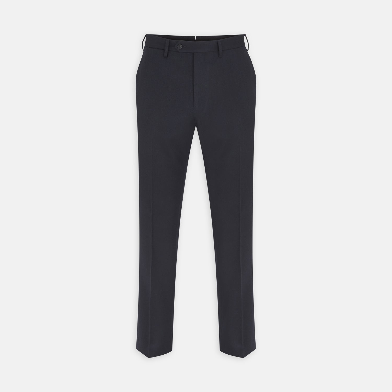 View 1 of product The Turnbull & Asser Jackson Navy Wool Trousers are tailored formal trousers in dark navy, featuring a button and zip closure, front pockets, and belt loops, shown against a plain white background.