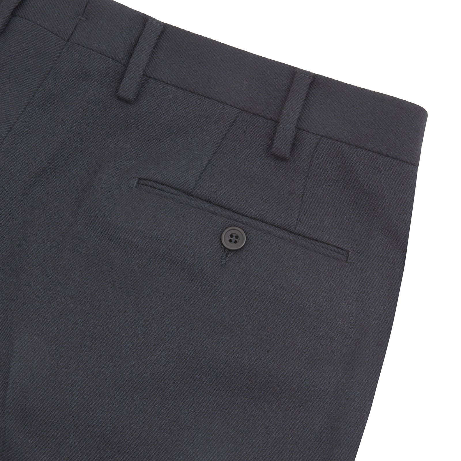 View 2 of product The Turnbull & Asser Jackson Navy Wool Trousers are tailored formal trousers in dark navy, featuring a button and zip closure, front pockets, and belt loops, shown against a plain white background.