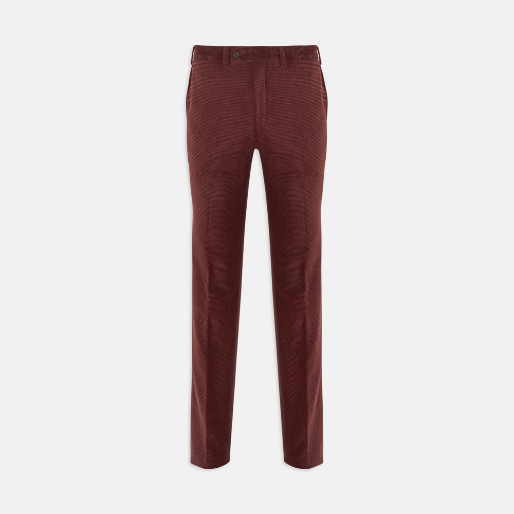 The Turnbull & Asser Copper Horizontal Corduroy Trousers are standout straight-leg burgundy pants with button and zip closure, shown against a plain white background.