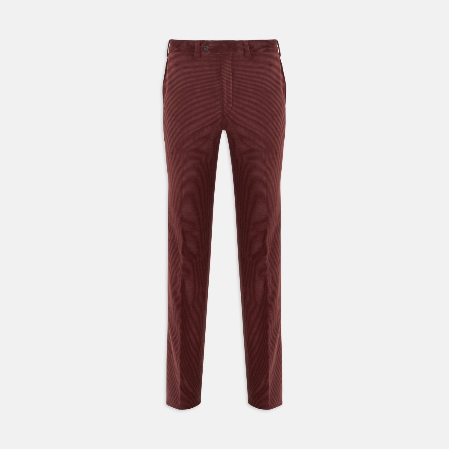 View 1 of product The Turnbull & Asser Copper Horizontal Corduroy Trousers are standout straight-leg burgundy pants with button and zip closure, shown against a plain white background.