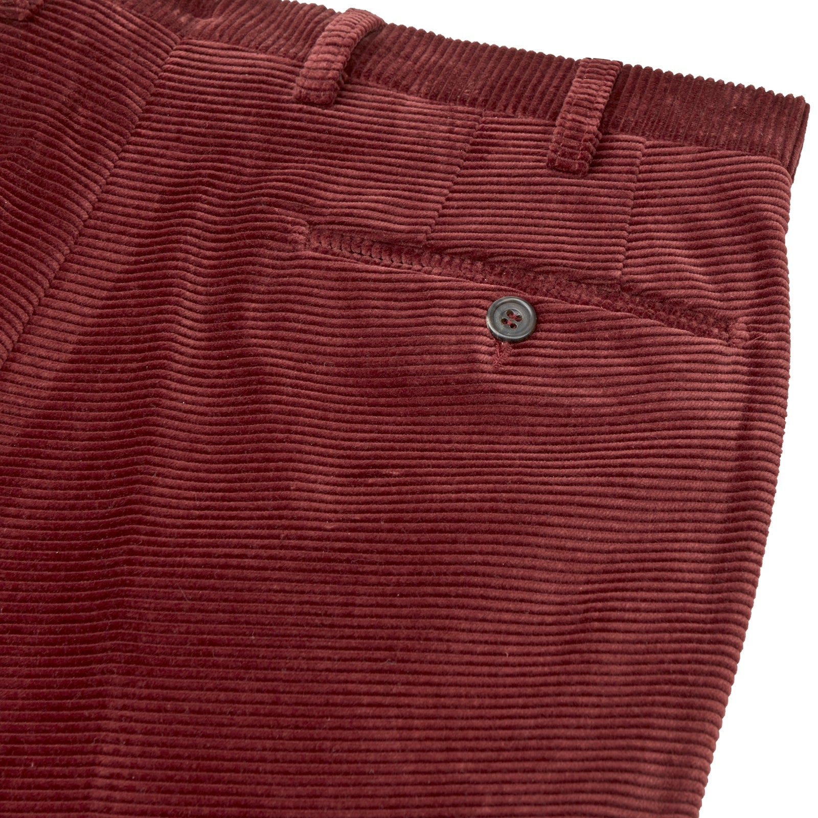 View 2 of product The Turnbull & Asser Copper Horizontal Corduroy Trousers are standout straight-leg burgundy pants with button and zip closure, shown against a plain white background.
