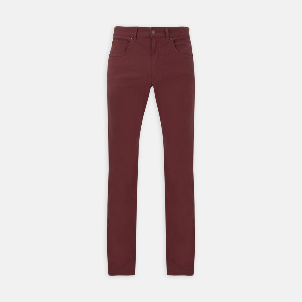 The Burgundy Cotton Five Pocket Trousers by Turnbull & Asser are slim-fit, smart-casual Italian cotton twill trousers with five pockets, belt loops, and a button closure, shown laid flat on a white background.