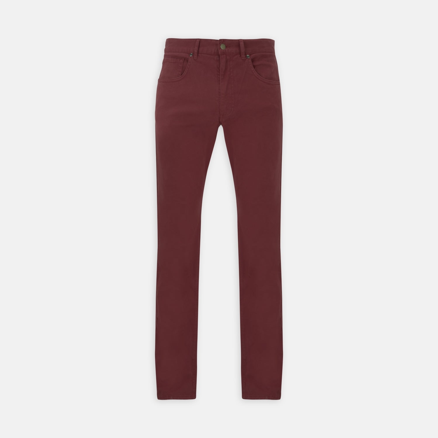 View 1 of product The Burgundy Cotton Five Pocket Trousers by Turnbull & Asser are slim-fit, smart-casual Italian cotton twill trousers with five pockets, belt loops, and a button closure, shown laid flat on a white background.