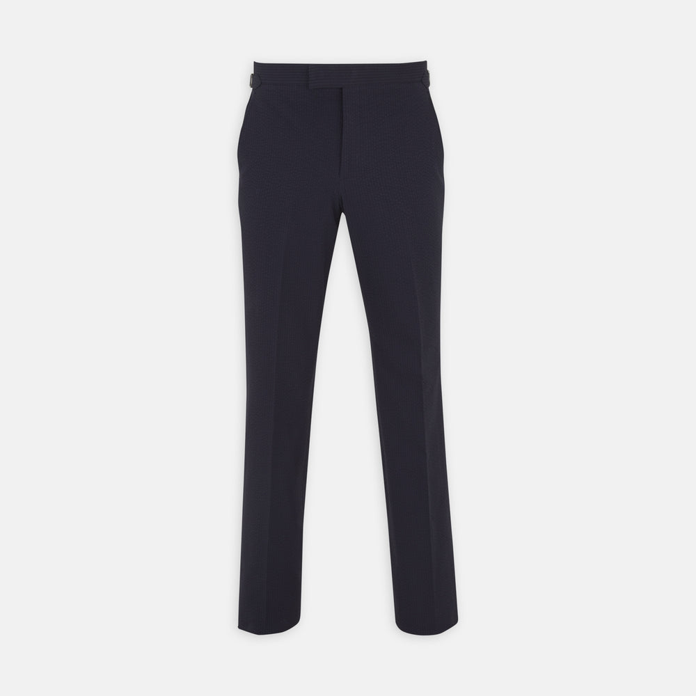 Turnbull & Asser Navy Cotton Seersucker Trousers, featuring a straight-leg fit, belt loops, and concealed front closure, crafted from lightweight Italian seersucker fabric, displayed on a plain white background.