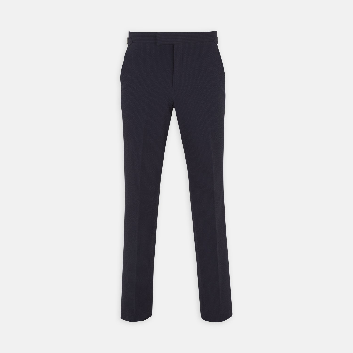 View 1 of product Turnbull & Asser Navy Cotton Seersucker Trousers, featuring a straight-leg fit, belt loops, and concealed front closure, crafted from lightweight Italian seersucker fabric, displayed on a plain white background.