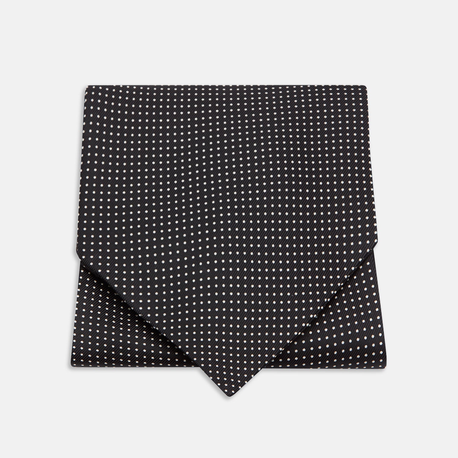 View 1 of product The Turnbull & Asser Black and White Mini Spot Silk Cravat, featuring a refined polka dot pattern, is displayed elegantly on a plain light background—an ideal wedding guest accessory.