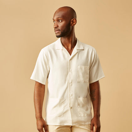 Cream Holiday Fit Silk Phillips Shirt with Revere Collar Image 1