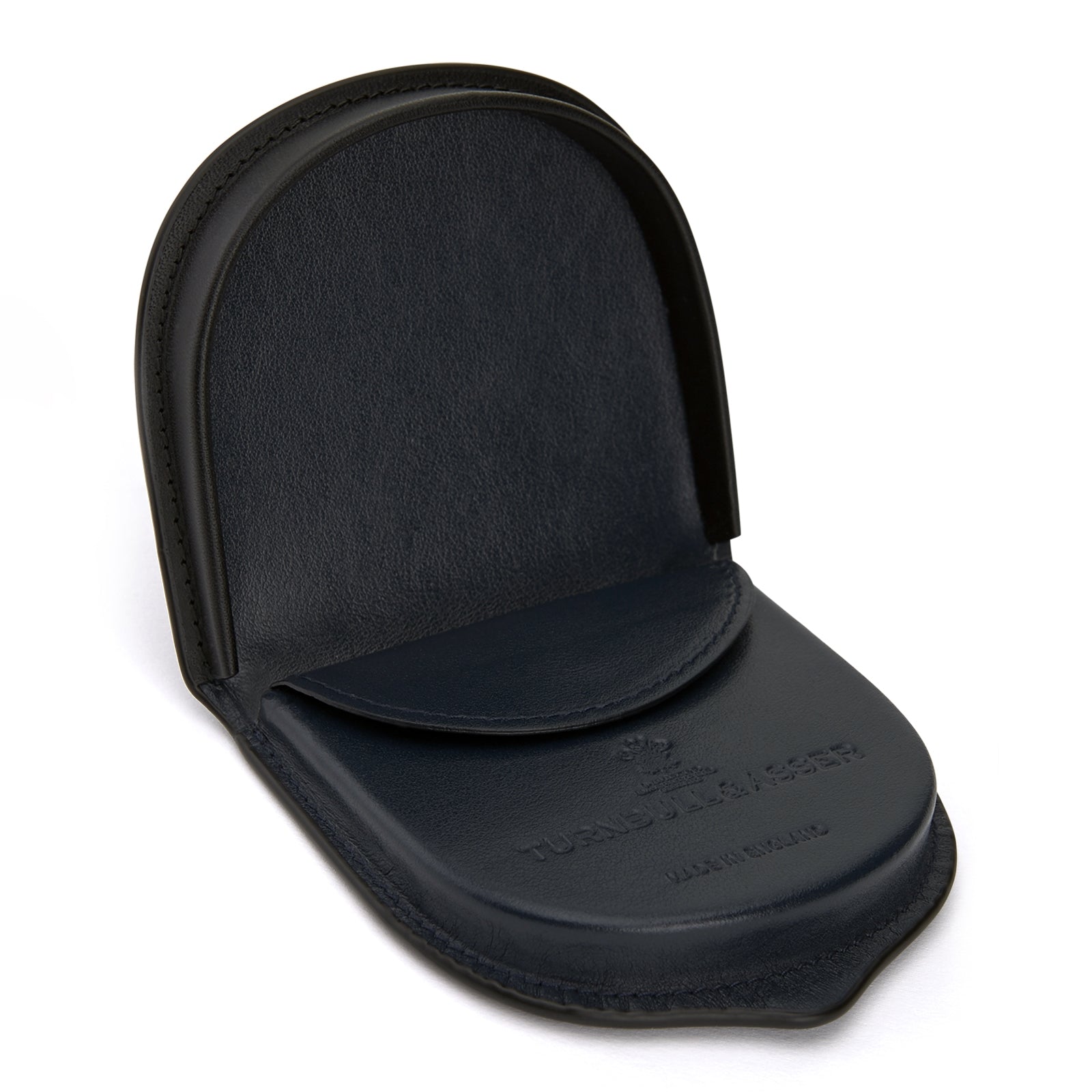 View 2 of product A black Turnbull & Asser Leather Tray Purse coin pouch with curved edges and visible stitching, photographed against a plain white background.