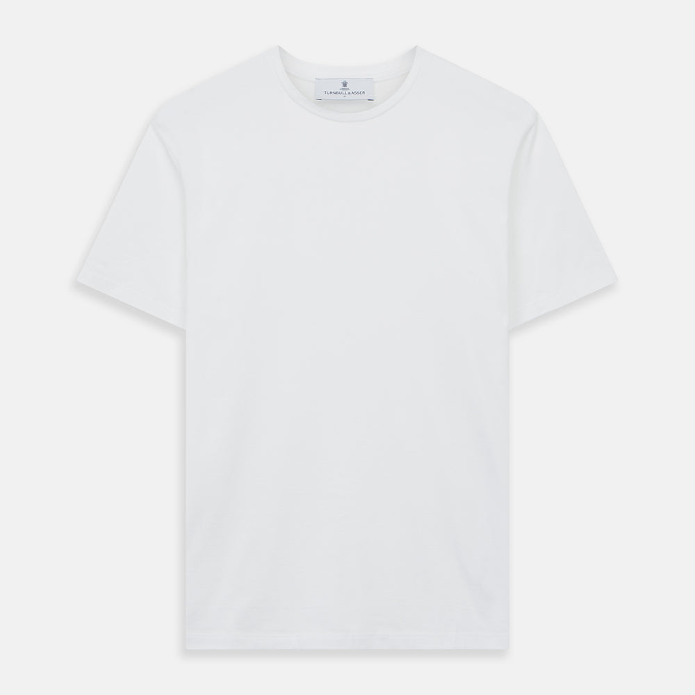 The Turnbull & Asser White Davey Cotton T-Shirt is shown on a white background. Crafted from fine-gauge jersey, it features short sleeves, a classic crew neck, and a clean front with no visible logos or designs.