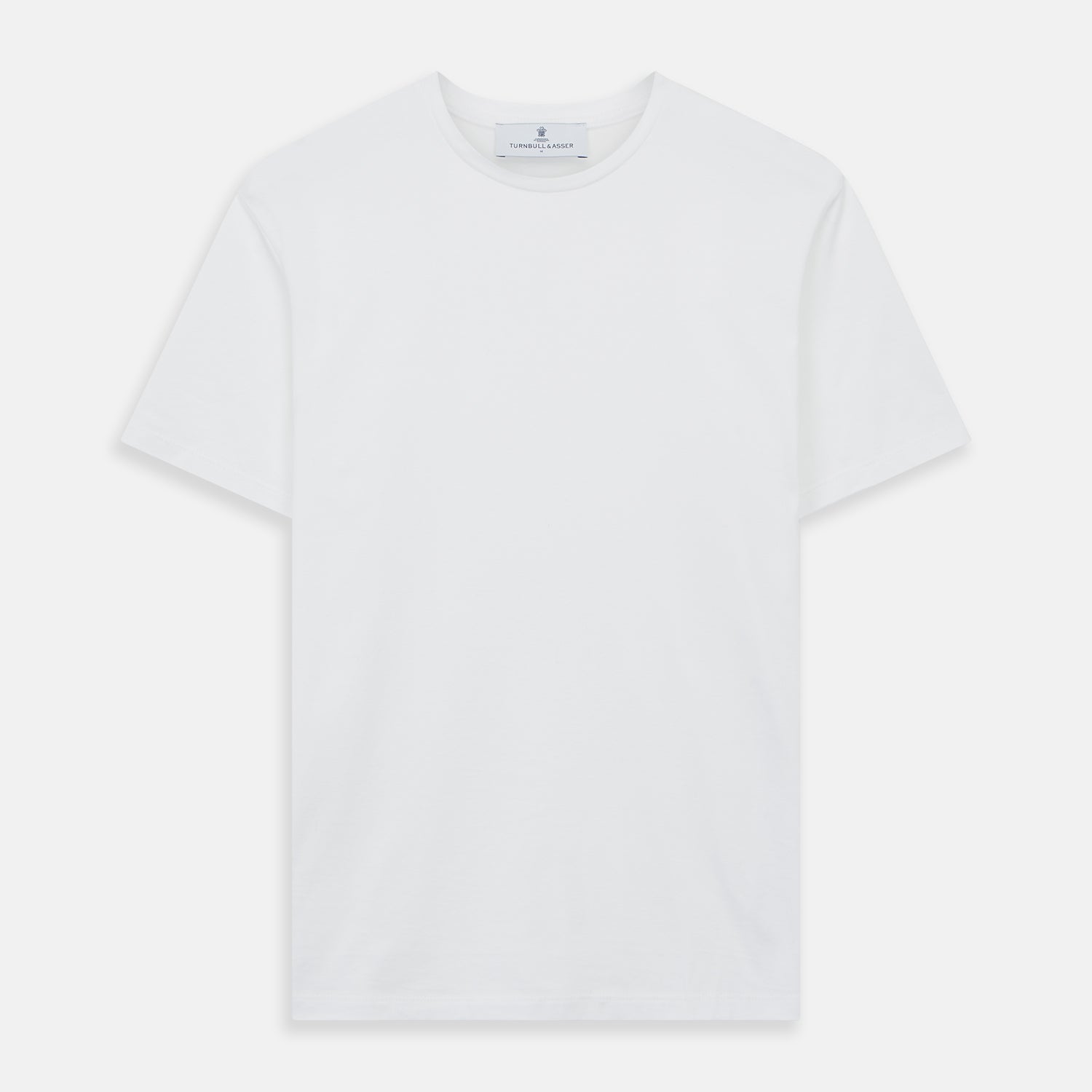 View 1 of product The Turnbull & Asser White Davey Cotton T-Shirt is shown on a white background. Crafted from fine-gauge jersey, it features short sleeves, a classic crew neck, and a clean front with no visible logos or designs.