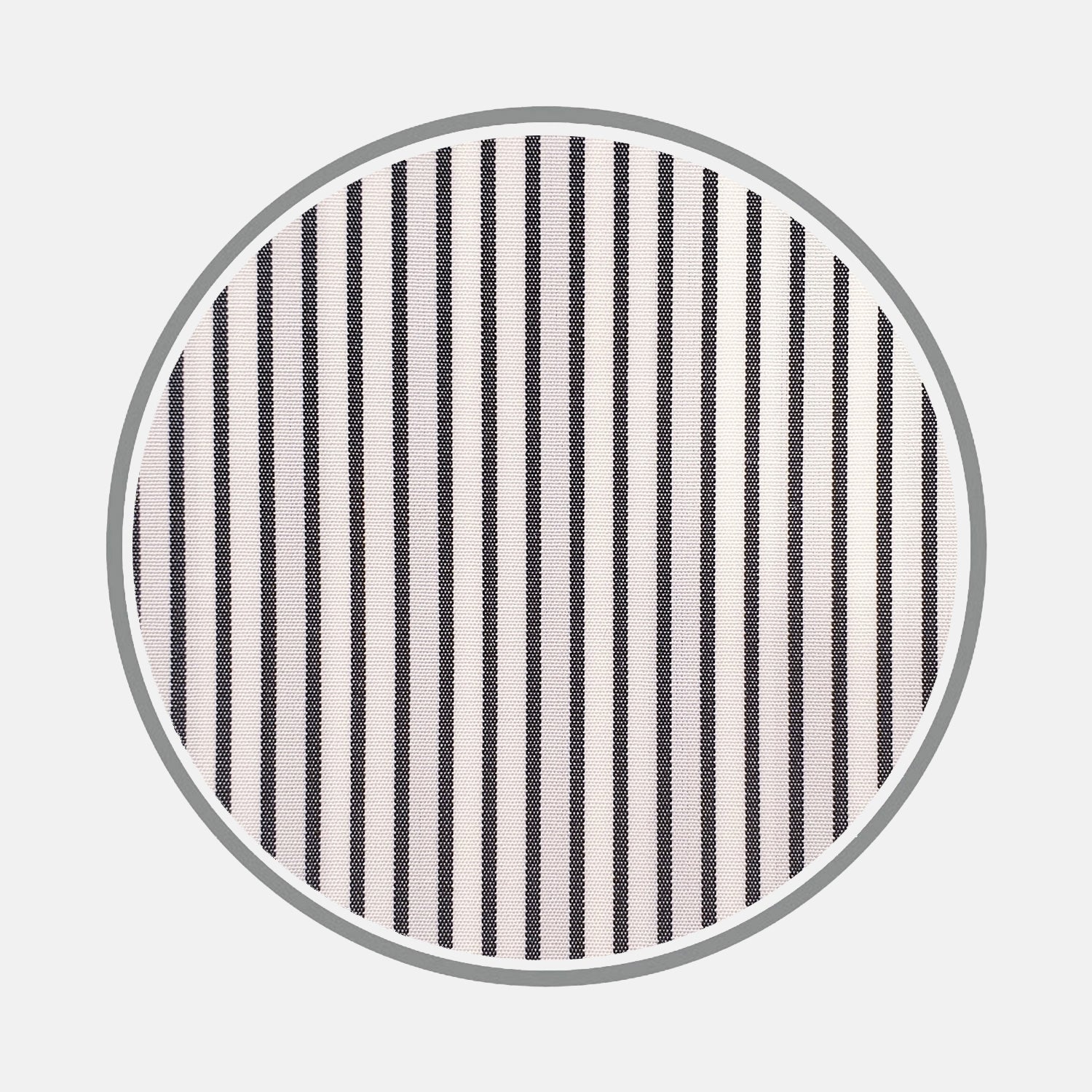 View 2 of product A circular swatch of Turnbull & Asser Black Half Bengal Stripe Cotton Fabric, featuring fine vertical black stripes and a gray border on white background—ideal for made to measure shirts.