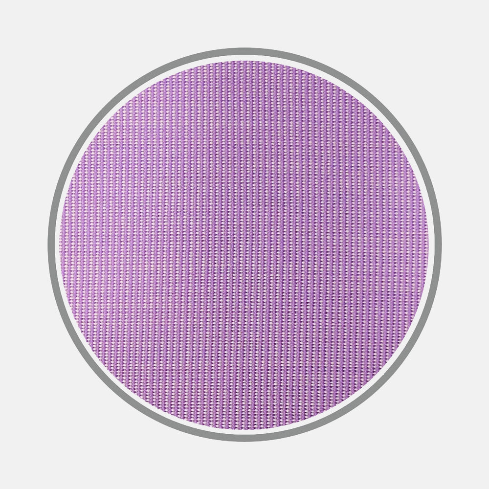 A circular swatch of Turnbull & Asser’s Purple End-on-End Cotton Fabric displays a fine, uniform vertical stripe pattern and is bordered by a thin gray outline on a white background.