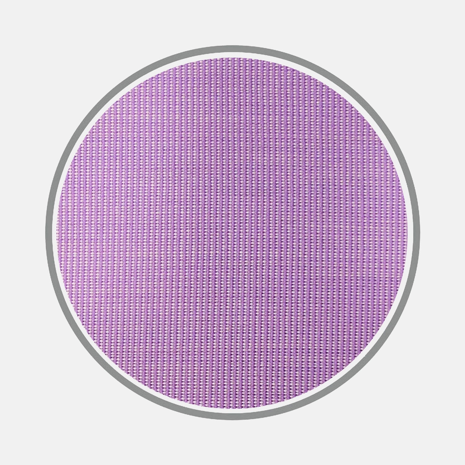 View 1 of product A circular swatch of Turnbull & Asser’s Purple End-on-End Cotton Fabric displays a fine, uniform vertical stripe pattern and is bordered by a thin gray outline on a white background.