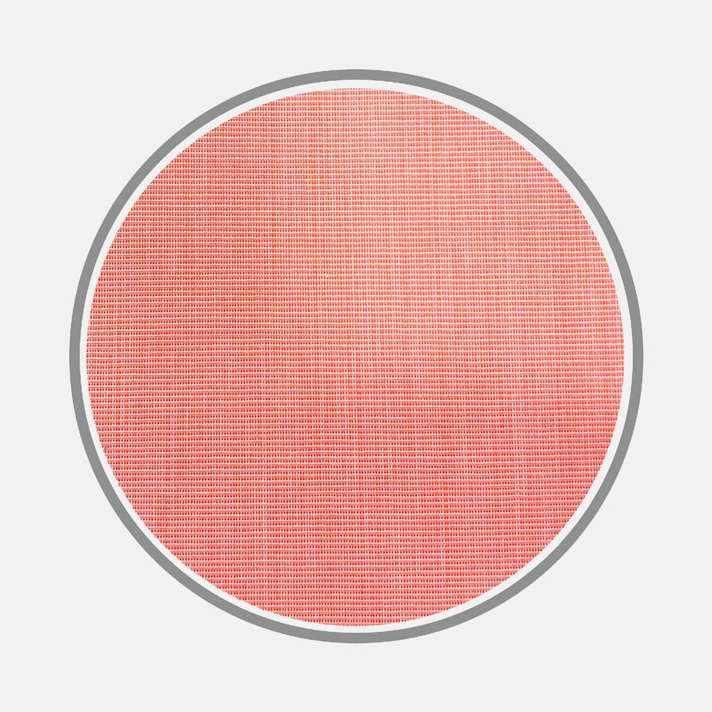 A close-up of a circular swatch of Turnbull & Asser's Coral Red End-on-End Cotton Fabric, bordered in gray, highlights the fine grid texture of the material against a white background.