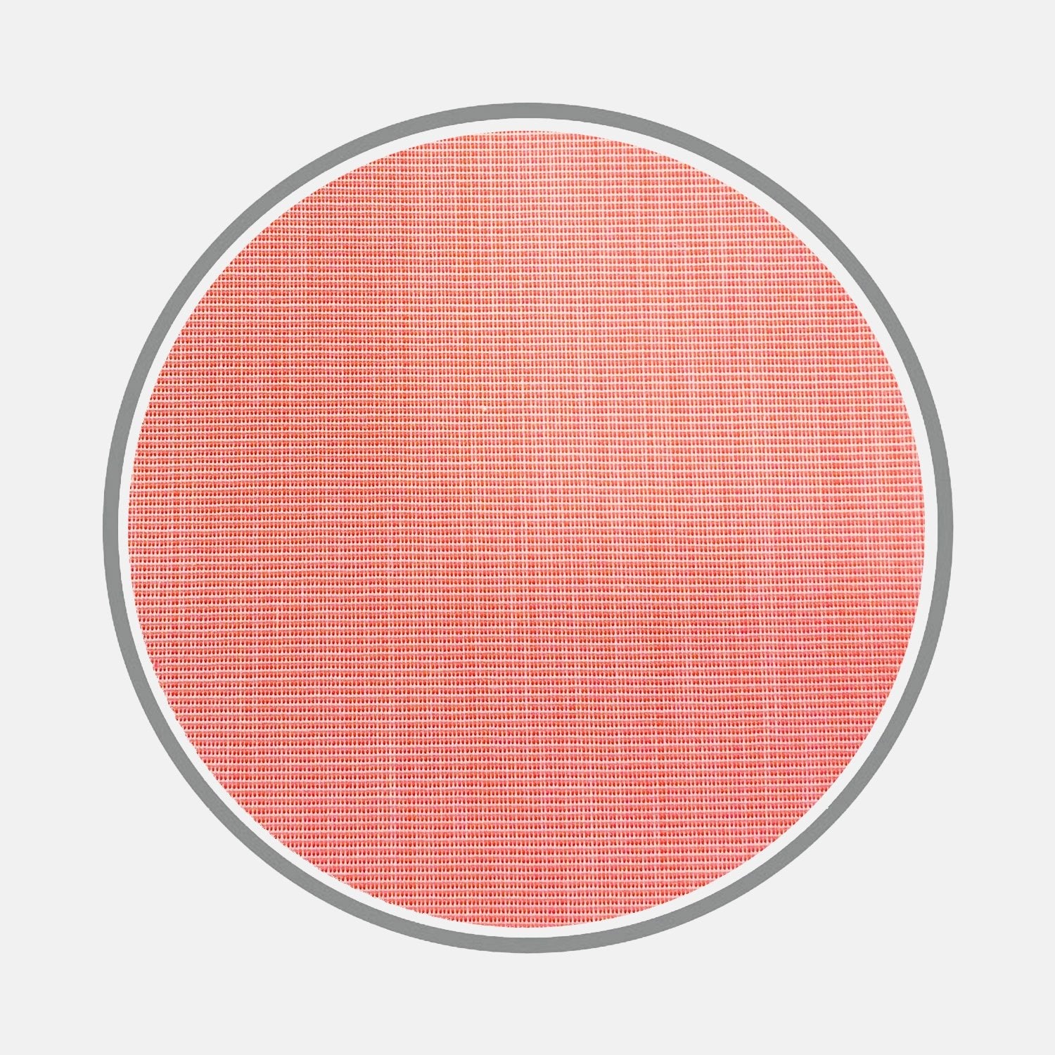 View 2 of product A close-up of a circular swatch of Turnbull & Asser's Coral Red End-on-End Cotton Fabric, bordered in gray, highlights the fine grid texture of the material against a white background.
