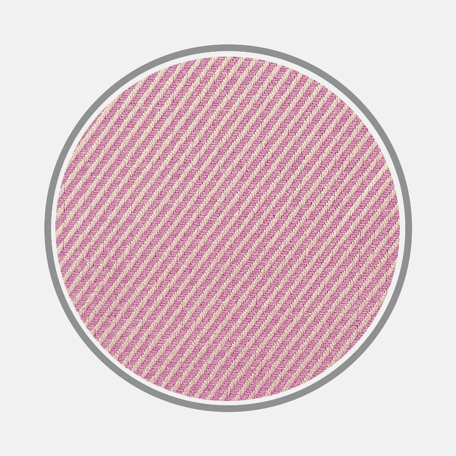 View 1 of product A detailed view of Turnbull & Asser's Lilac Fine Twill Cotton Fabric, featuring soft pink and white diagonal stripes, displayed within a circular frame on a white background.