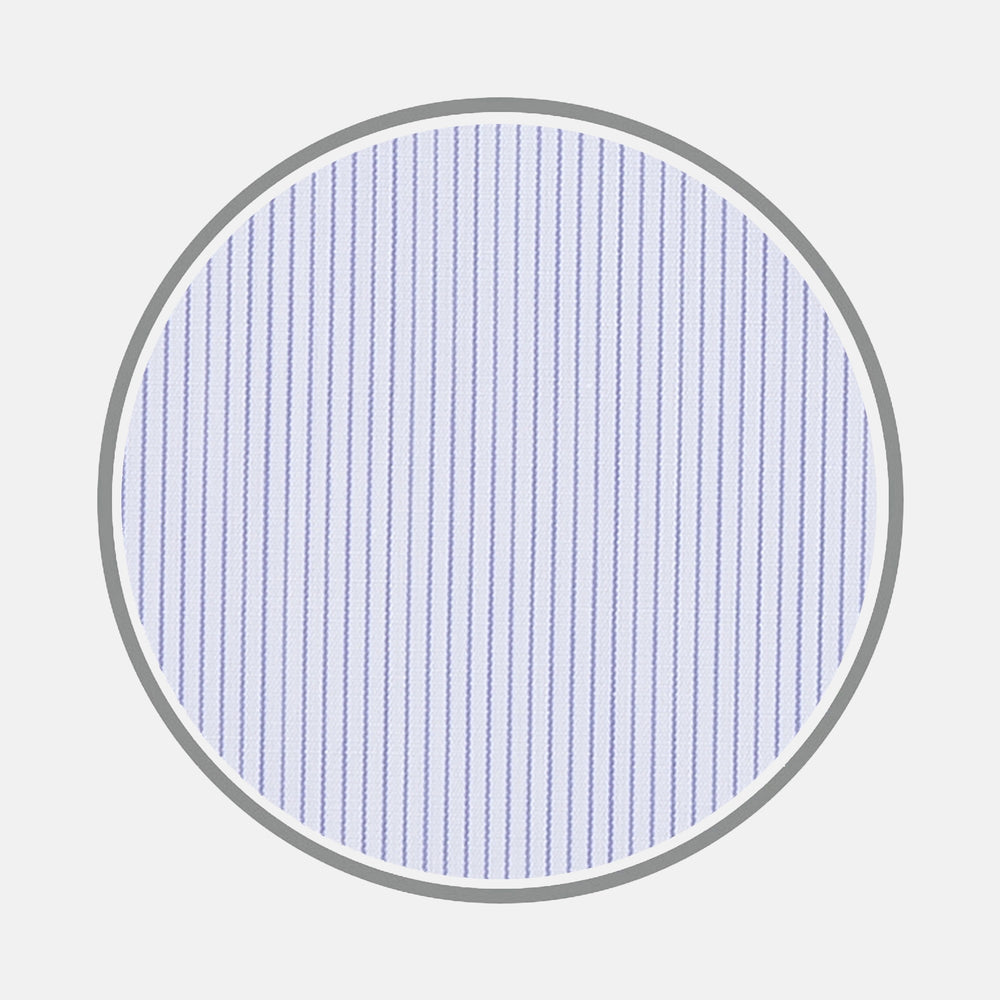 A circular swatch of Turnbull & Asser’s White and Blue Fine Stripe Sea Island Quality Cotton Fabric features evenly spaced thin navy stripes on light blue, bordered in gray, set against a plain white background.