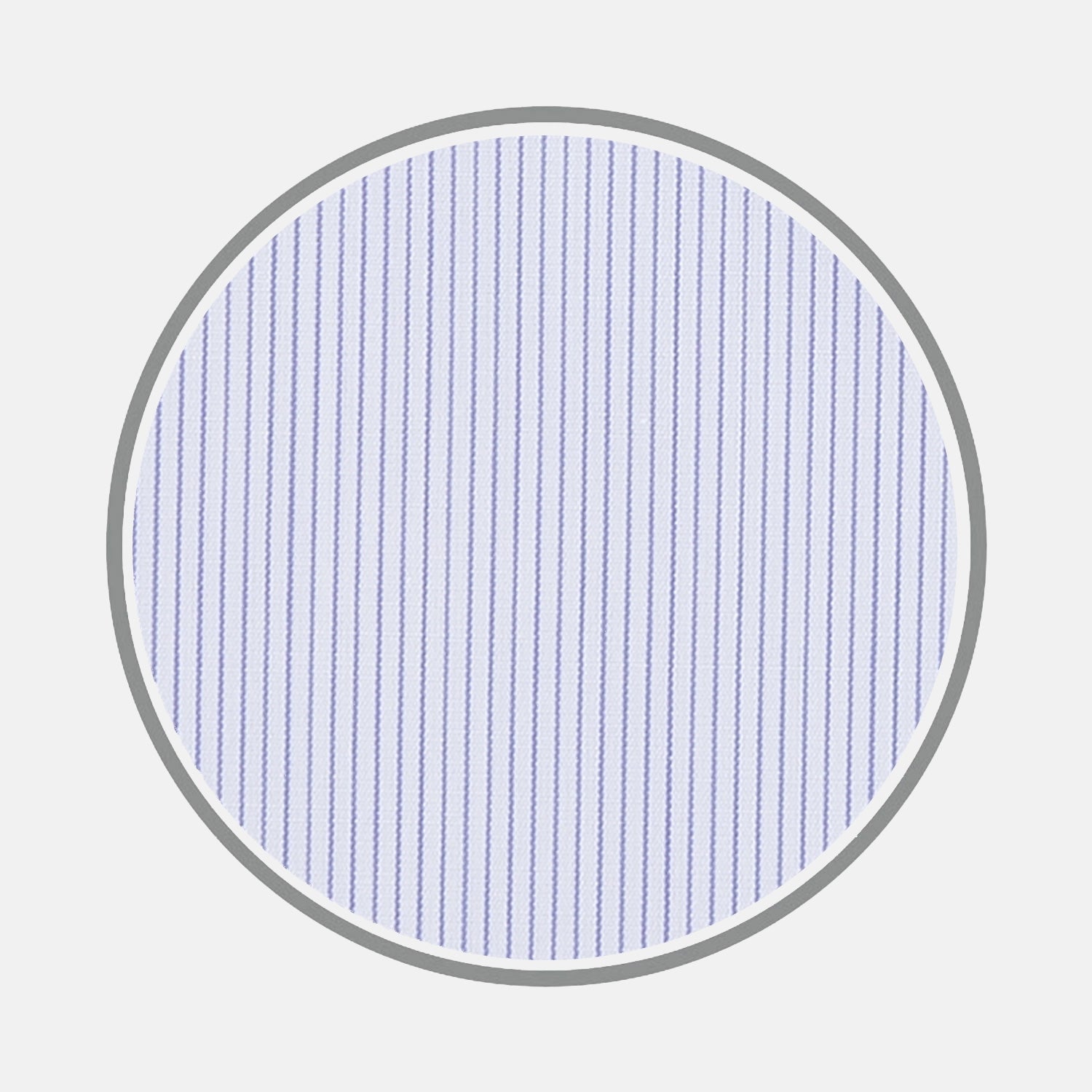 View 1 of product A circular swatch of Turnbull & Asser’s White and Blue Fine Stripe Sea Island Quality Cotton Fabric features evenly spaced thin navy stripes on light blue, bordered in gray, set against a plain white background.